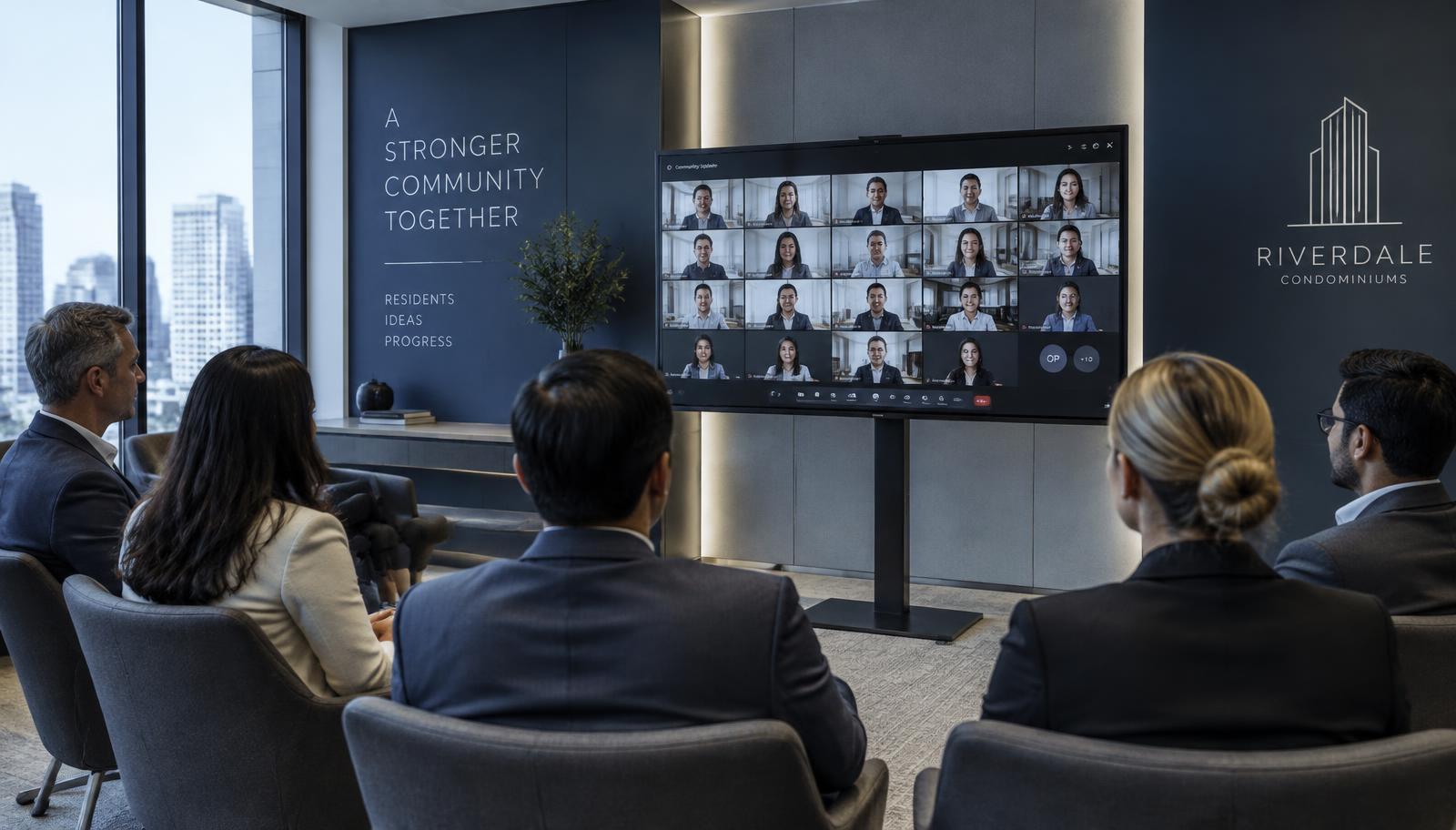 TV corporativa em pedestal exibindo participantes conectados em assembleia semipresencial